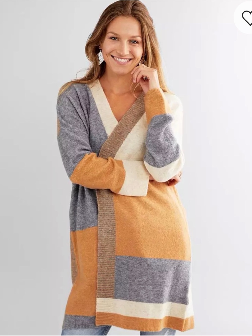 BKE Colorblock Open-Front Sweater Cardigan - Gray, Cream & Tan